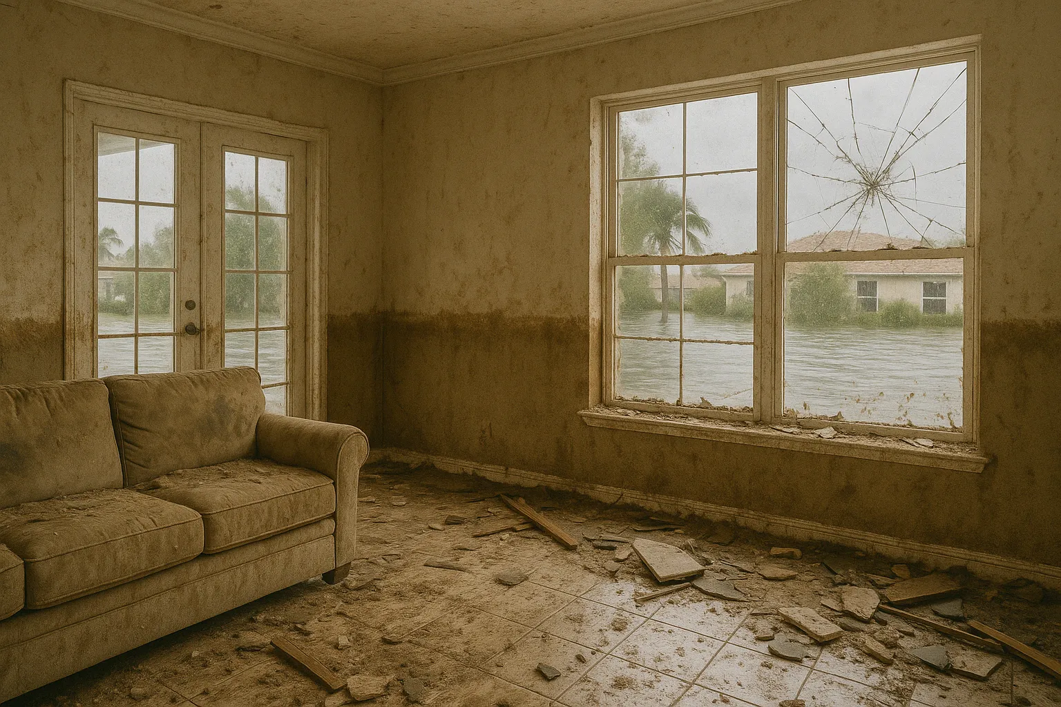 Interior water damage to living room ceiling from roof leak